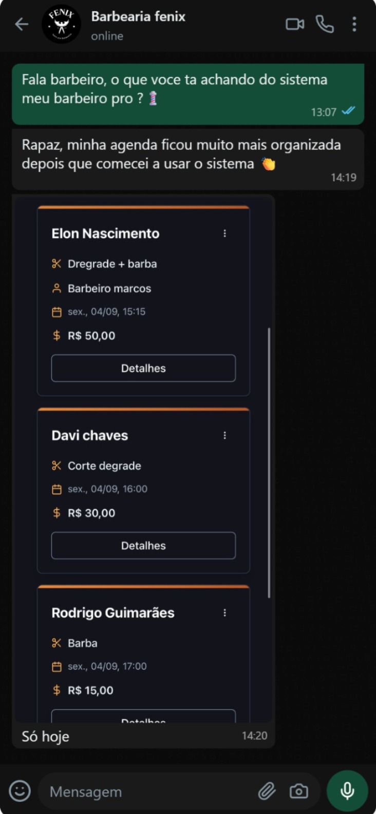 Feedback de barbearia sobre organização da agenda usando o Meu Barbeiro PRO